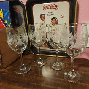 Set Of 4 Vintage Arby's Etched Glass Wine Goblets with Gold Rim & Winter Tree